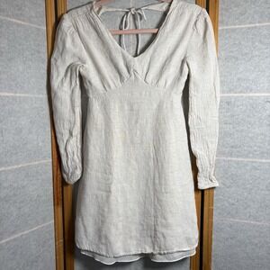 Sincerely Jules Oatmeal Linen Blend Cutout Smocked Long Sleeve Dress Sz XS‎ Boho